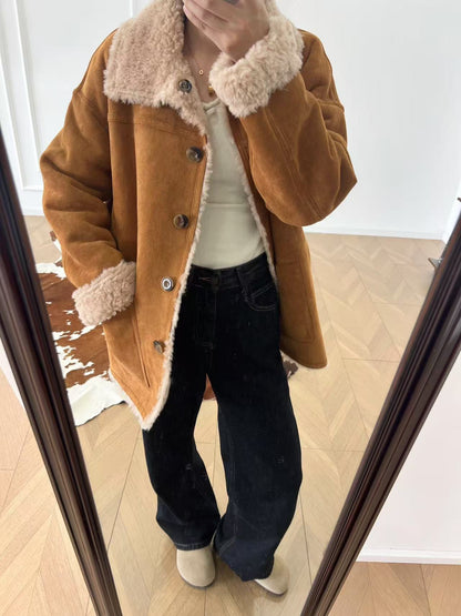 Women Reversible Shearling Wool Coat Winter Fur Jacket