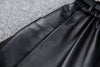 High Waist Black Leather Midi Skirt with Belt Pleated Design