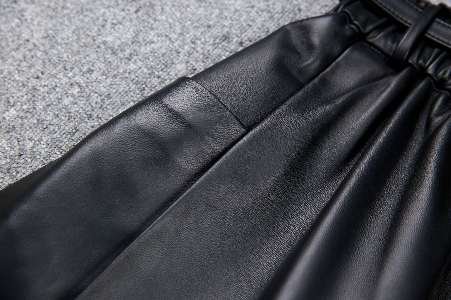 High Waist Black Leather Midi Skirt with Belt Pleated Design