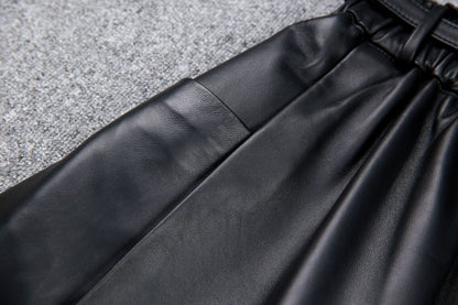 High Waist Black Leather Midi Skirt with Belt Pleated Design