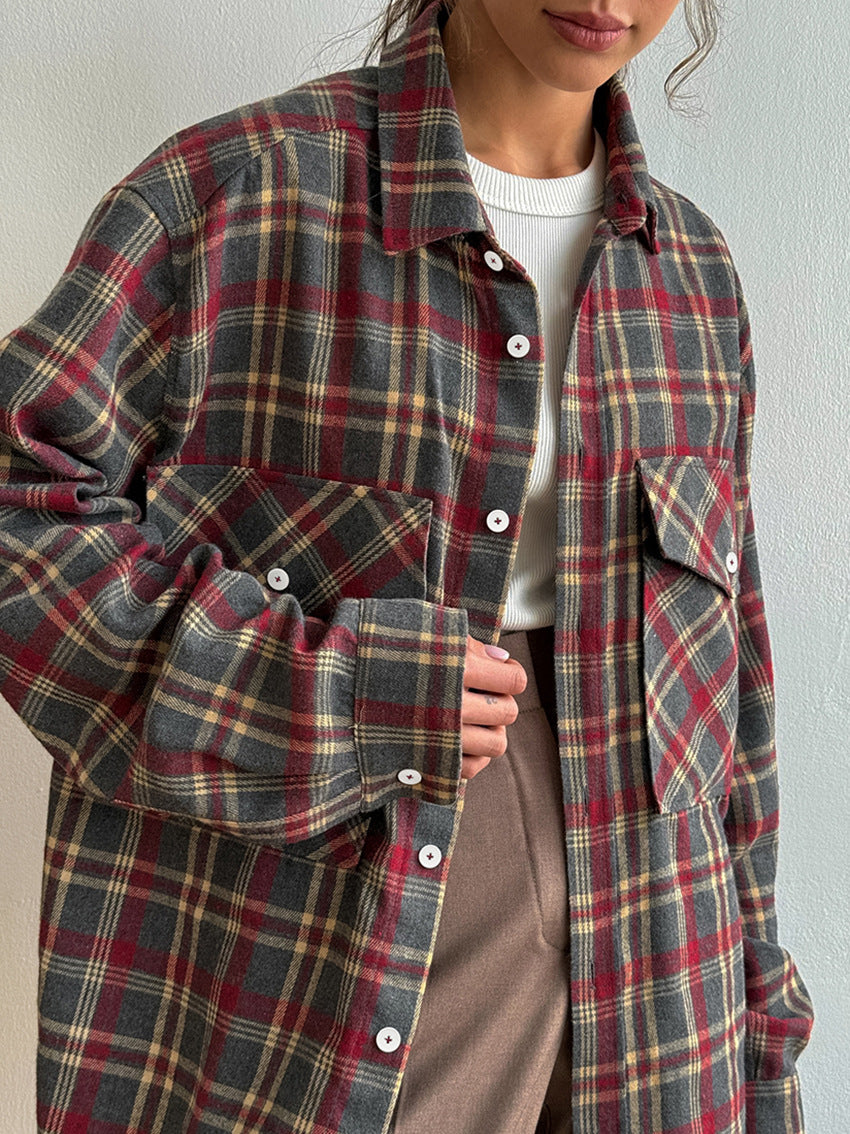 Women plaid long sleeve flannel shirt