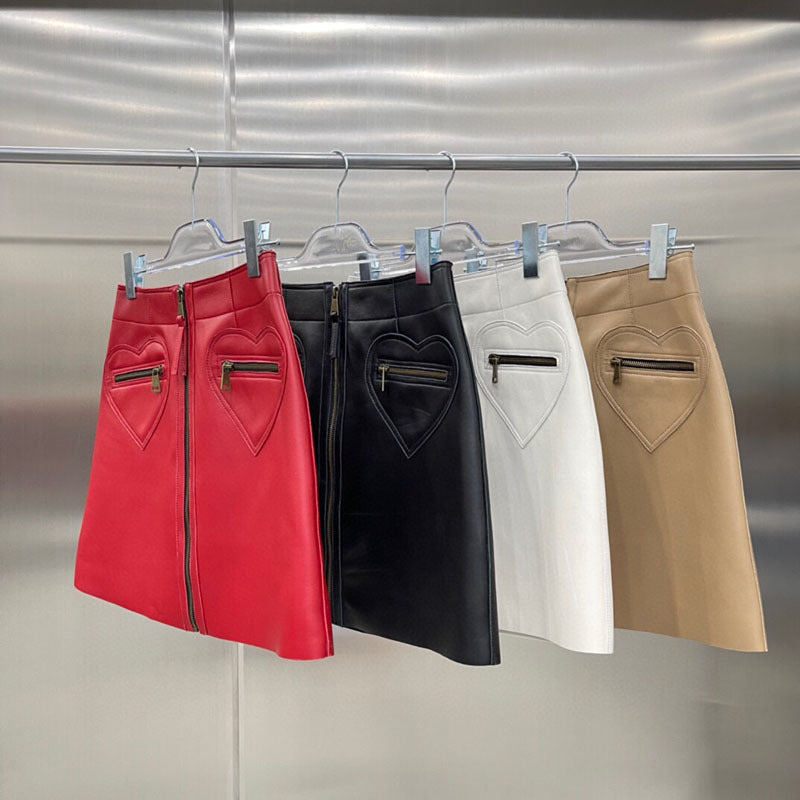 Korean Style Leather A-Line High Waisted With Heart Pockets