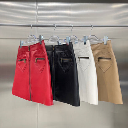 Korean Style Leather A-Line High Waisted With Heart Pockets