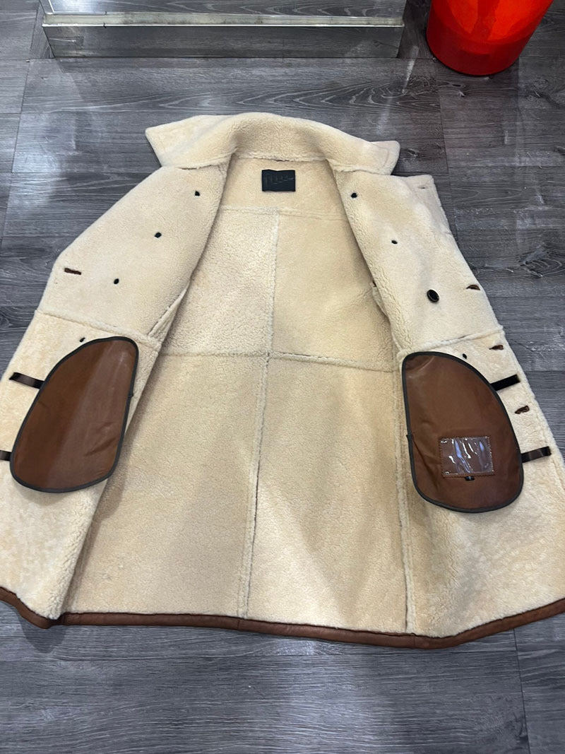Men’s Genuine Shearling Leather Coat Brown Merino Wool