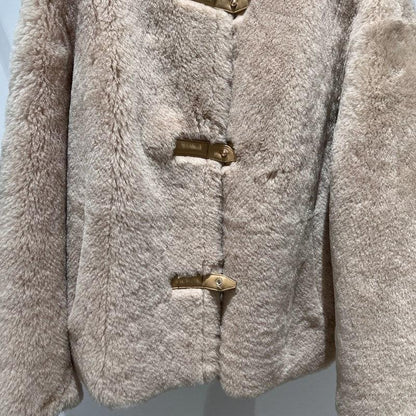 Women Leather Real Fur Coat Short Shearling Round Neck Jacket