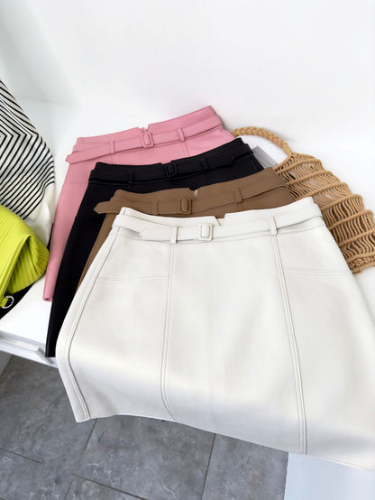 Genuine Leather A-Line Mini Skirt With Belt