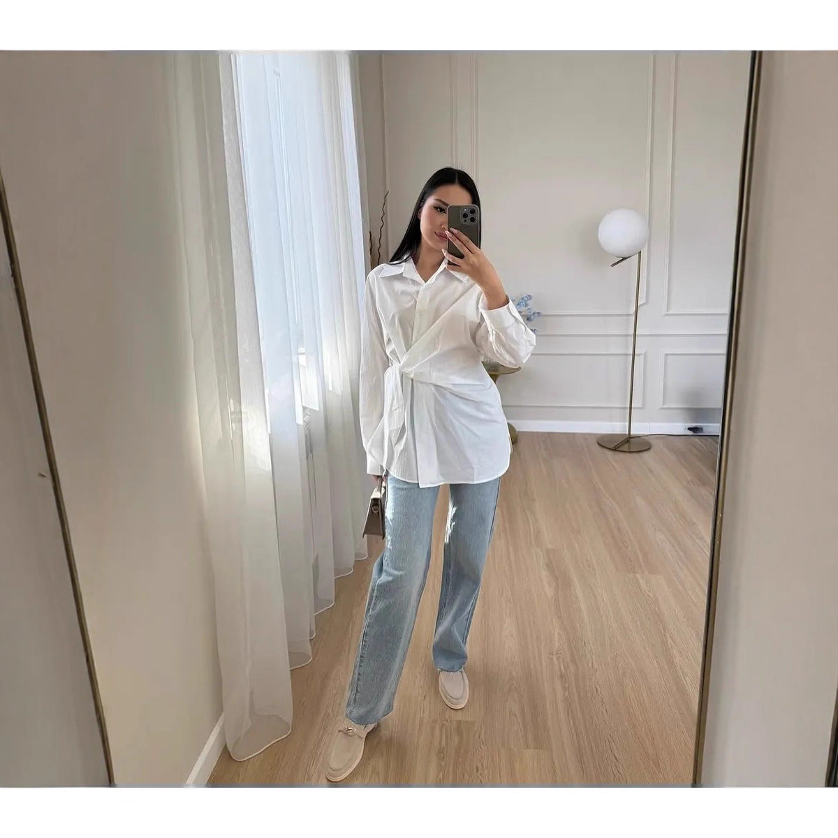Women wrap tie waist long sleeve blouse 1 S
