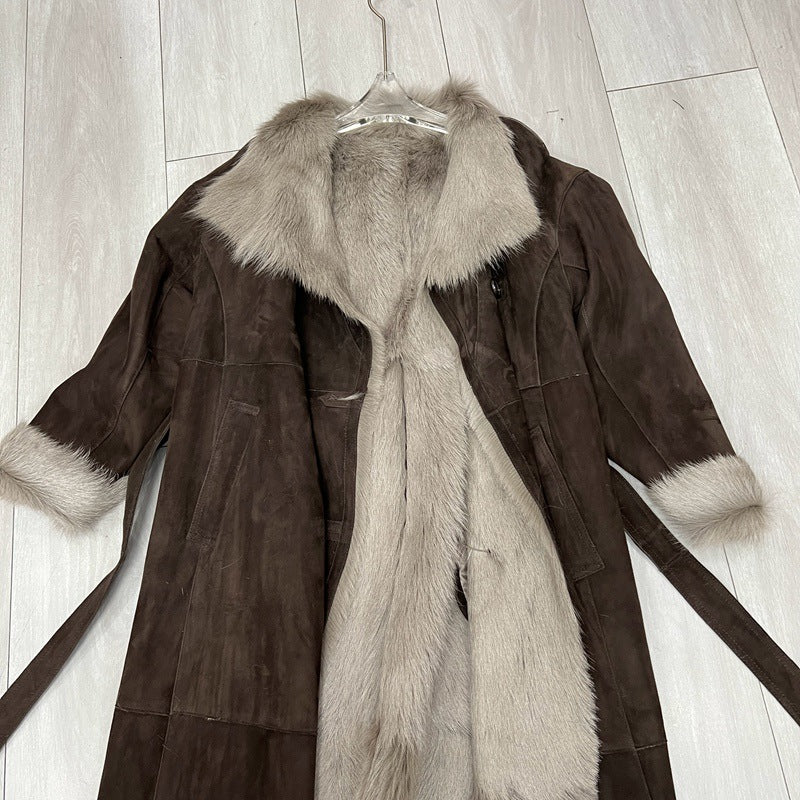 Women Suede Jacket Long Sheepskin Coat