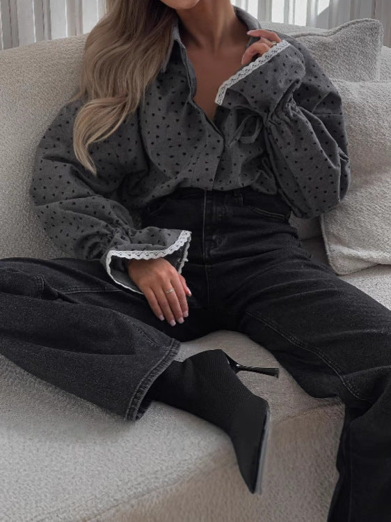 Grey heart print lace cuff lapel button long sleeve shirt