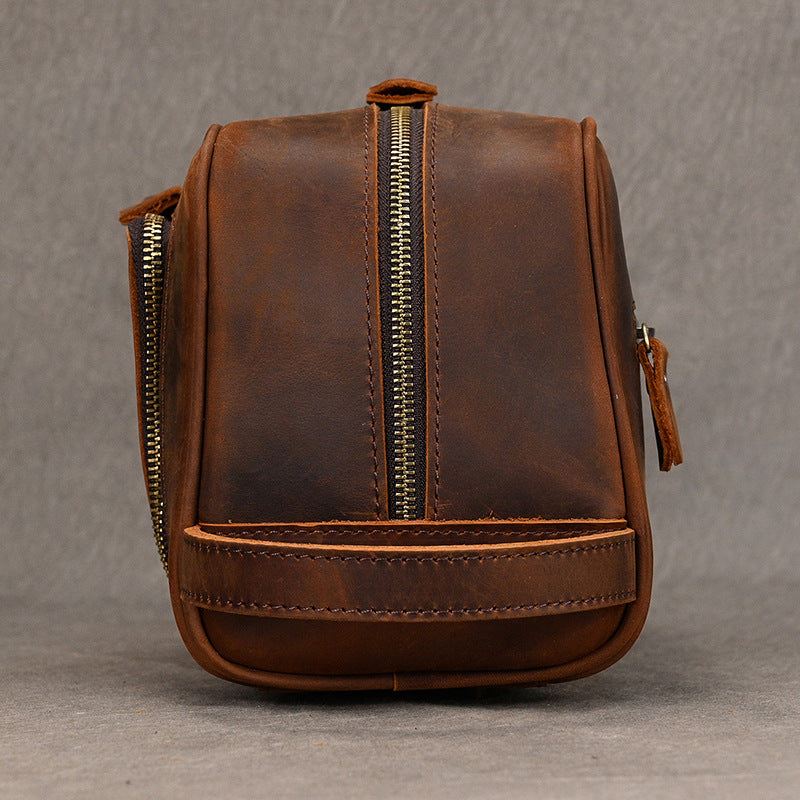 Men’s Genuine Leather Toiletry Bag with Front Zipper Pocket