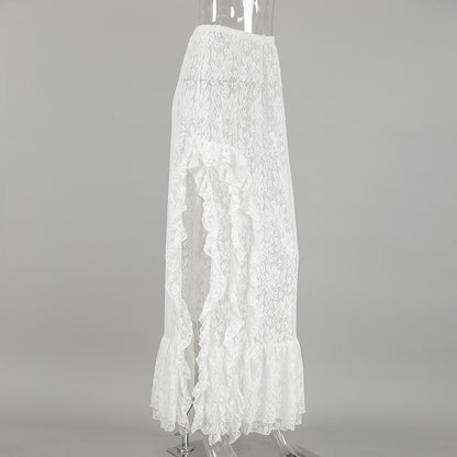 Women’s Sheer Lace High Slit Ruffled White Midi Skirt