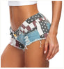 Low rise denim shorts with flag print and frayed hem