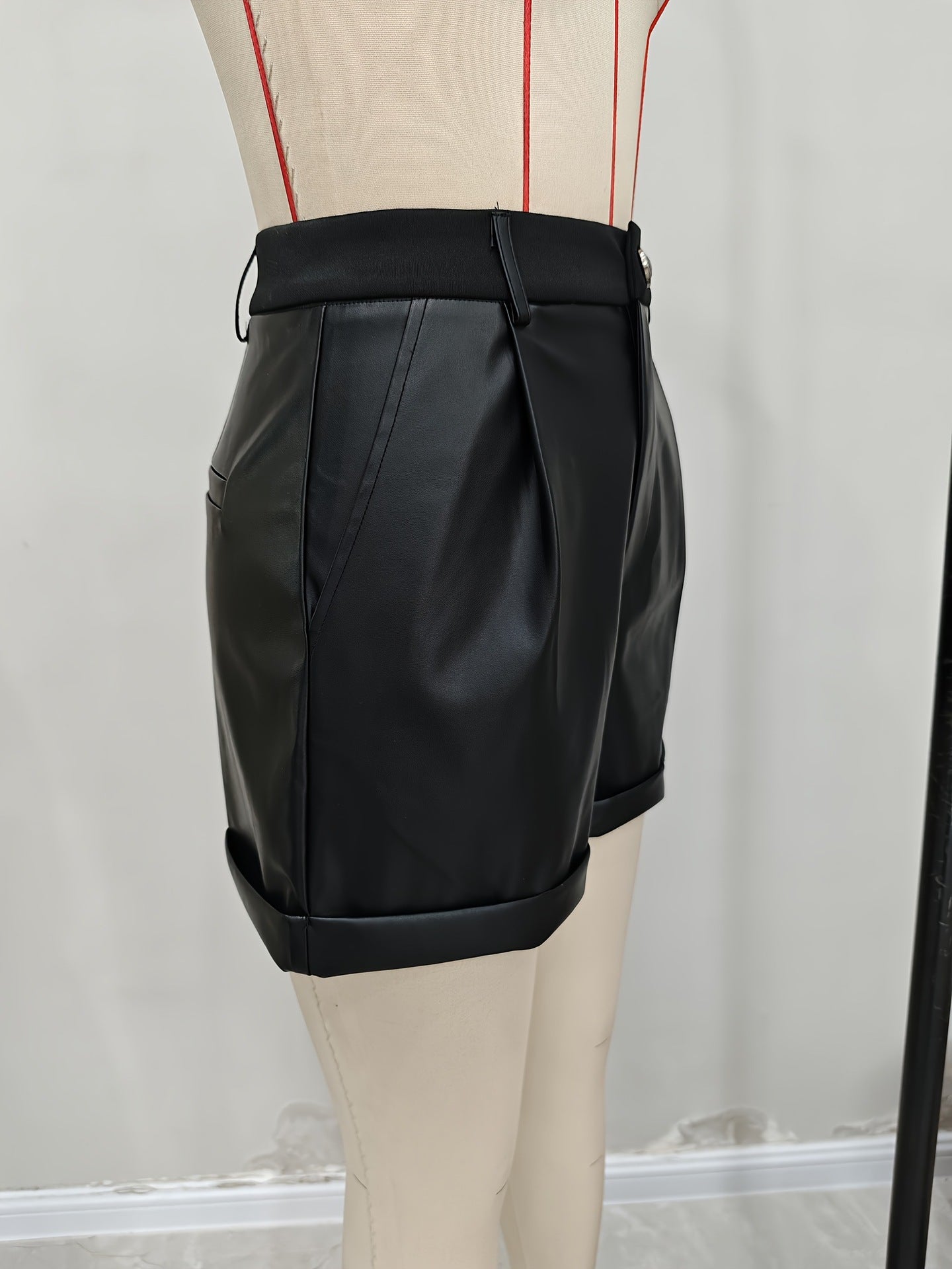 Black Faux Leather High Waisted Shorts for Women with Folded Hem