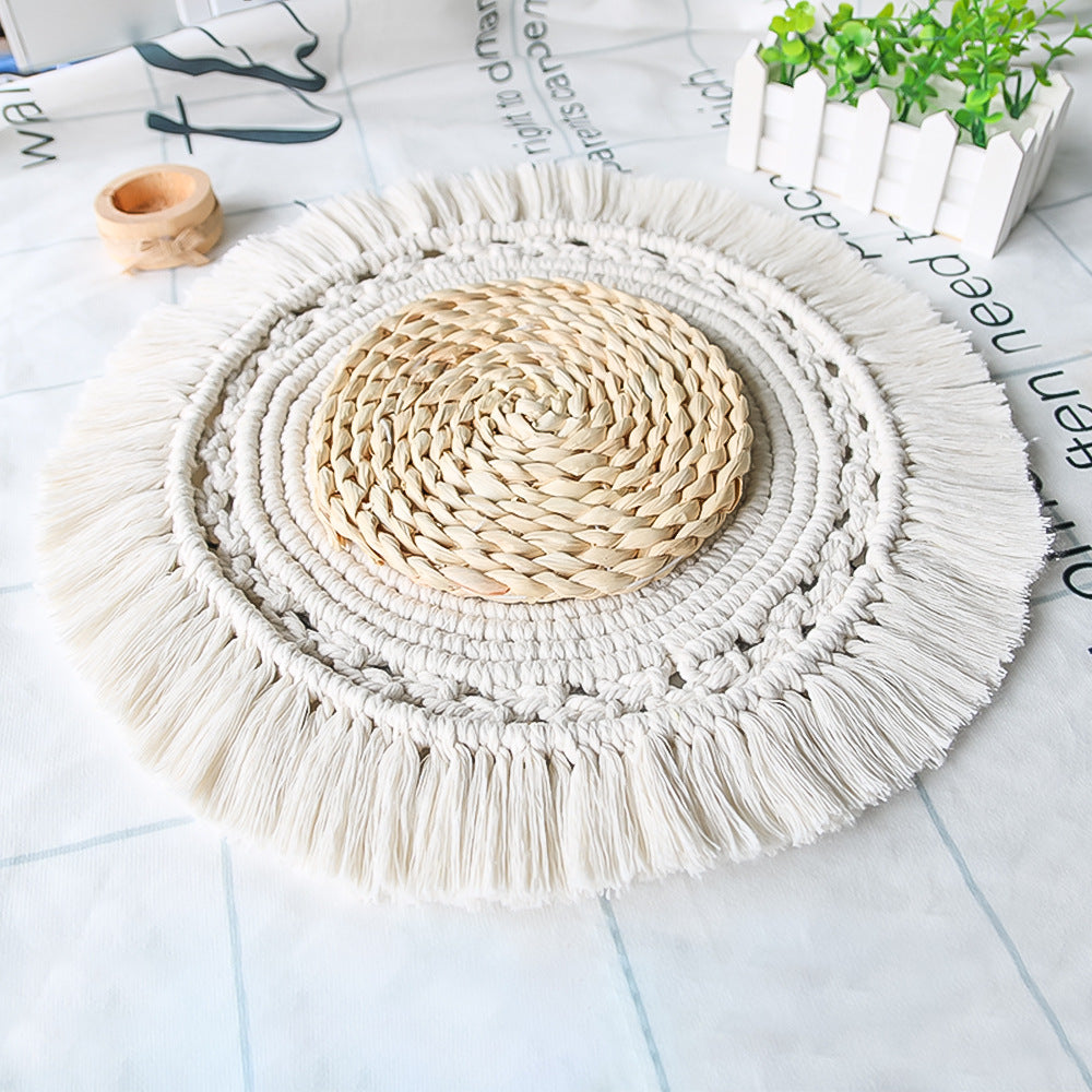 Handmade Boho Round Macrame Cotton Placemat with Tassels