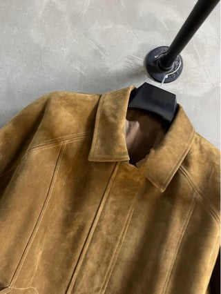 Women Suede Jacket Camel Brown Leather Bomber Sheepskin Lapel
