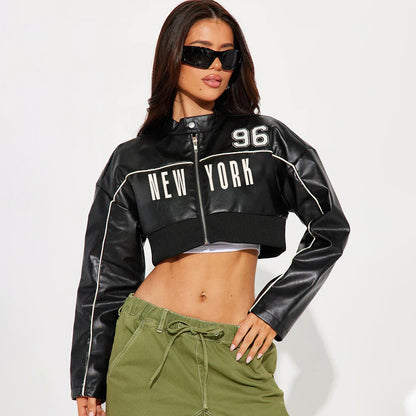 Cropped Faux Leather Jacket Women Moto Bomber Style