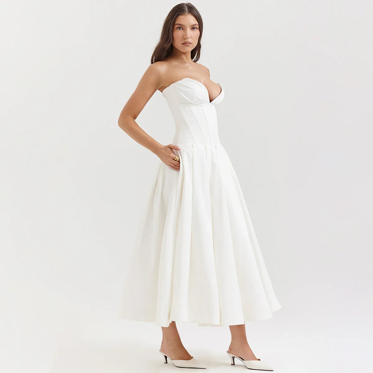 strapless v-neck corset a-line long dress