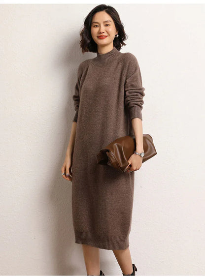 Women Cashmere Turtleneck Midi Knit Dress
