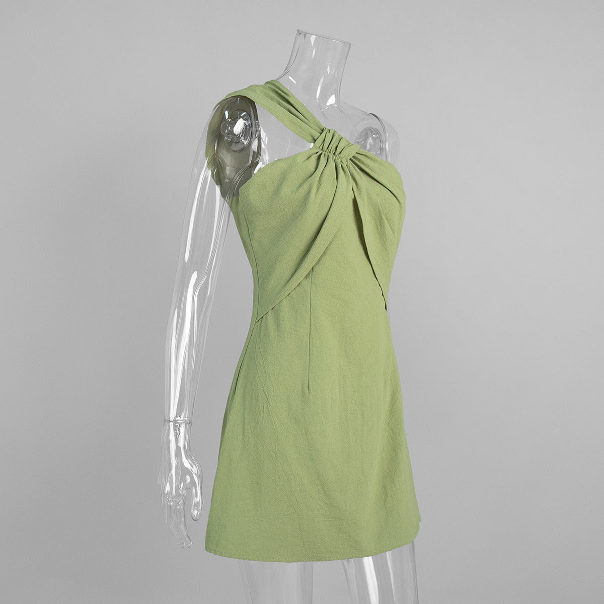 Women’s Green One Shoulder Knot Front Mini Dress