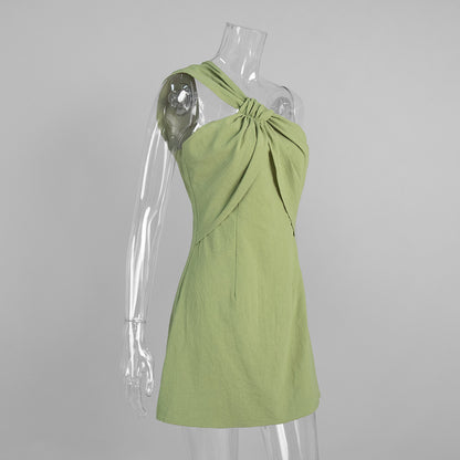 Women’s Green One Shoulder Knot Front Mini Dress
