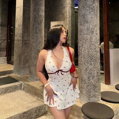Women's cherry halter neck dress with bow detail
