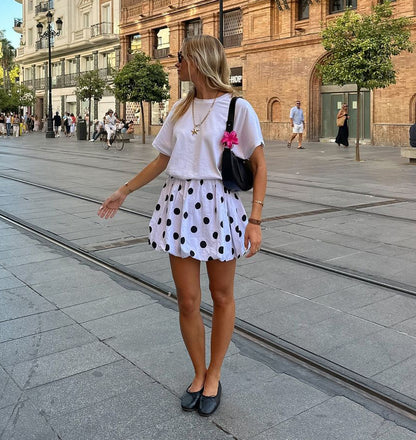 Women Flower Polka Dot Bubble Mini High Skirt