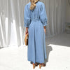 Denim Long Dress Women Button Front Belted V Neck Midi