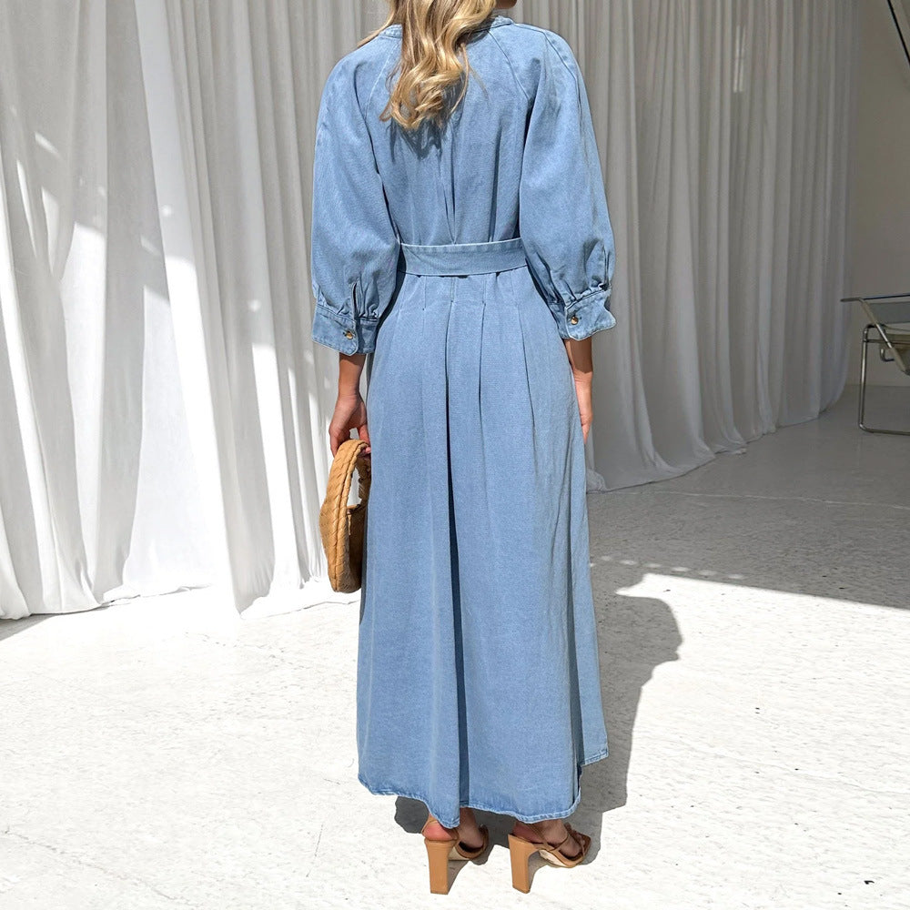Denim Long Dress Women Button Front Belted V Neck Midi
