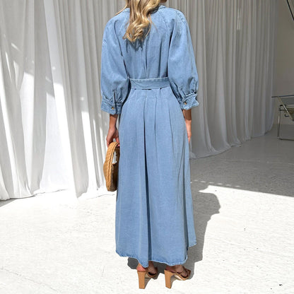 Denim Long Dress Women Button Front Belted V Neck Midi