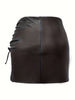 Black Faux Leather High Waisted Mini Skirt with Drawstring Slit