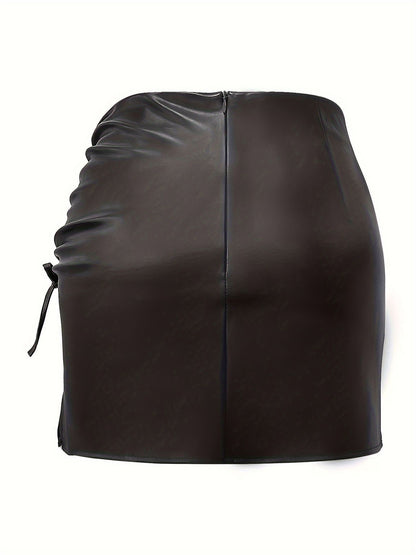 Black Faux Leather High Waisted Mini Skirt with Drawstring Slit