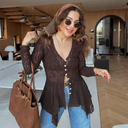 brown lace irregular hem button top cardigan 3 S