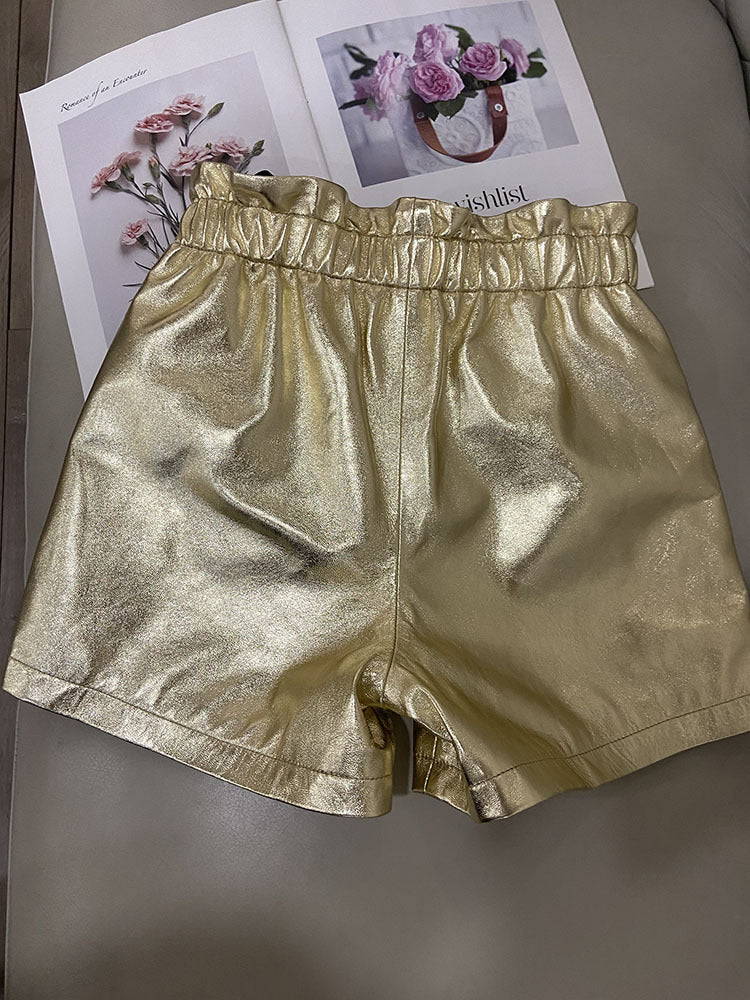 Gold High Waist Women Leather Shorts