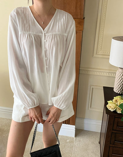 Women's Button Front Puff Sleeve Blouse
