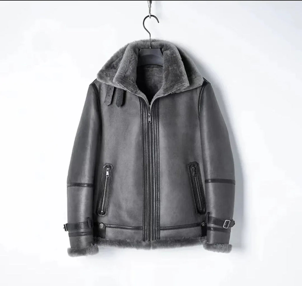 Men’s Real Shearling Fur Leather Winter Jacket with Hood