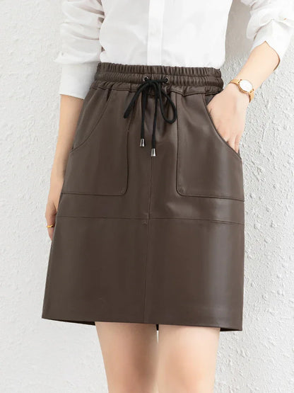 Brown sheepskin elastic waist leather short skirt
