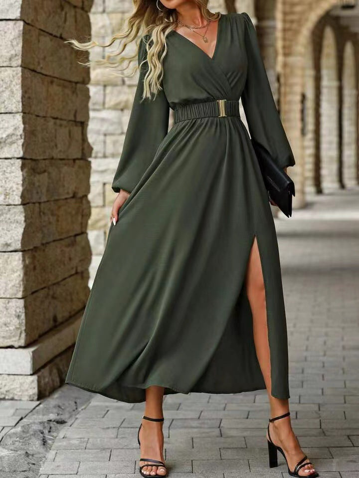 Olive Green V Neck Long Sleeve Belted High Slit Maxi Dress
