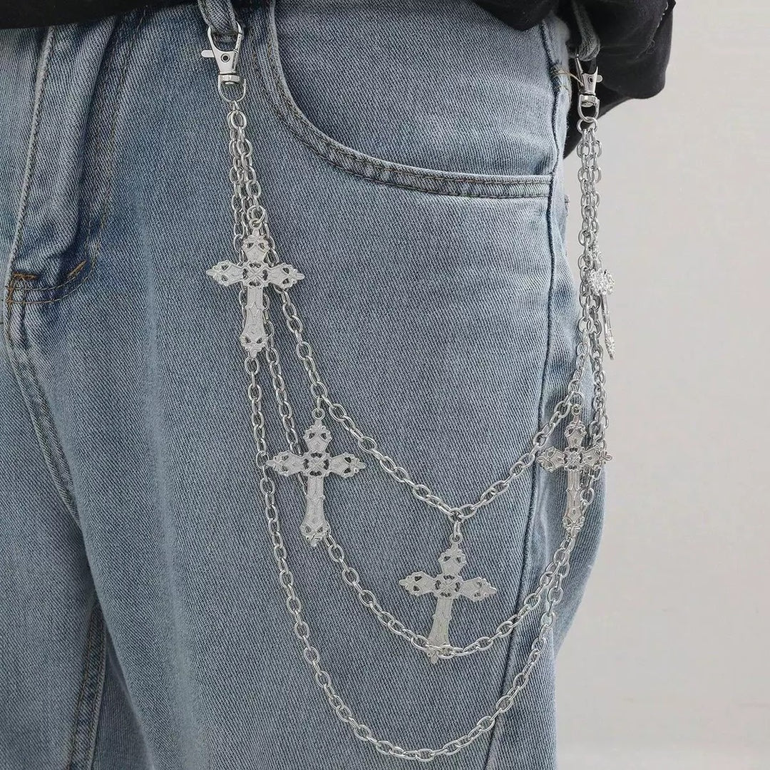 Layered Silver Cross Pants Chain with Gothic Pendants
