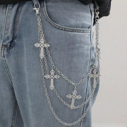 Layered Silver Cross Pants Chain with Gothic Pendants