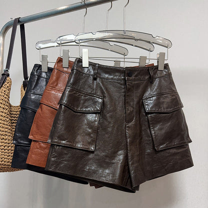 High Waisted Black Genuine Leather Shorts with Front Pockets