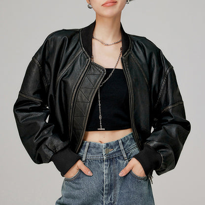 Women’s Genuine Leather Bomber Jacket Retro Baseball Style Coat