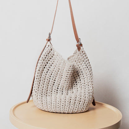 Woven Summer Shoulder Beach Bag with Leather Base