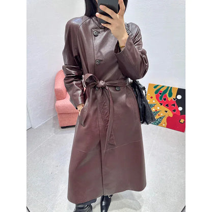 Women sheepskin leather trench coat long belt - Boho Living Room