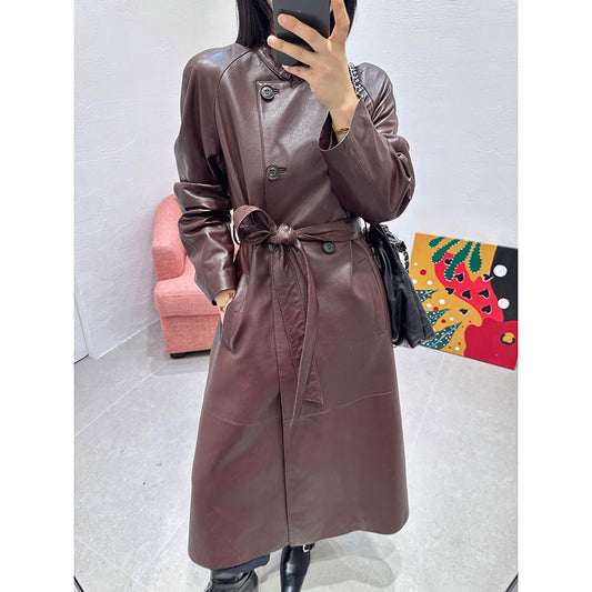 Women sheepskin leather trench coat long belt Brown S