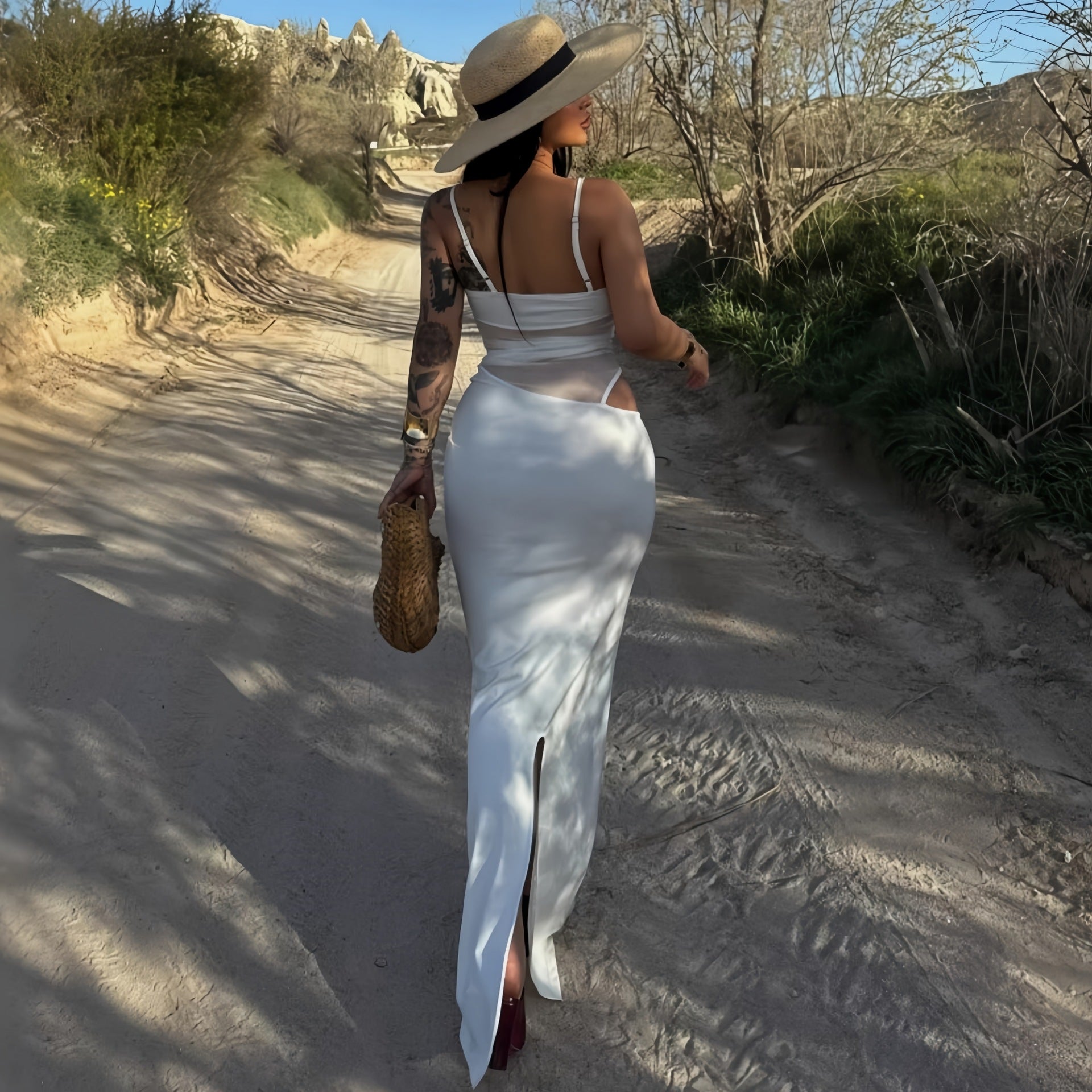 White mesh cutout backless suspender maxi dress