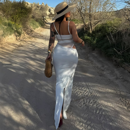 White mesh cutout backless suspender maxi dress
