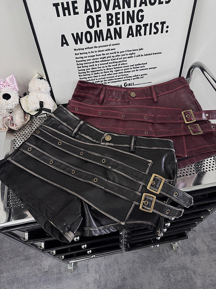 Women High Waisted PU Leather Shorts Belted Bodycon Street Style