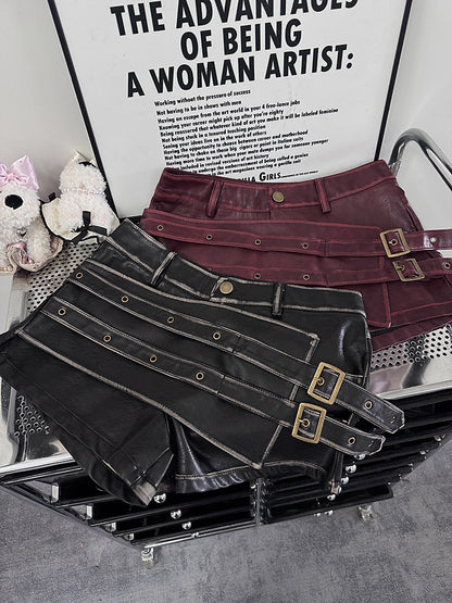 Women High Waisted PU Leather Shorts Belted Bodycon Street Style