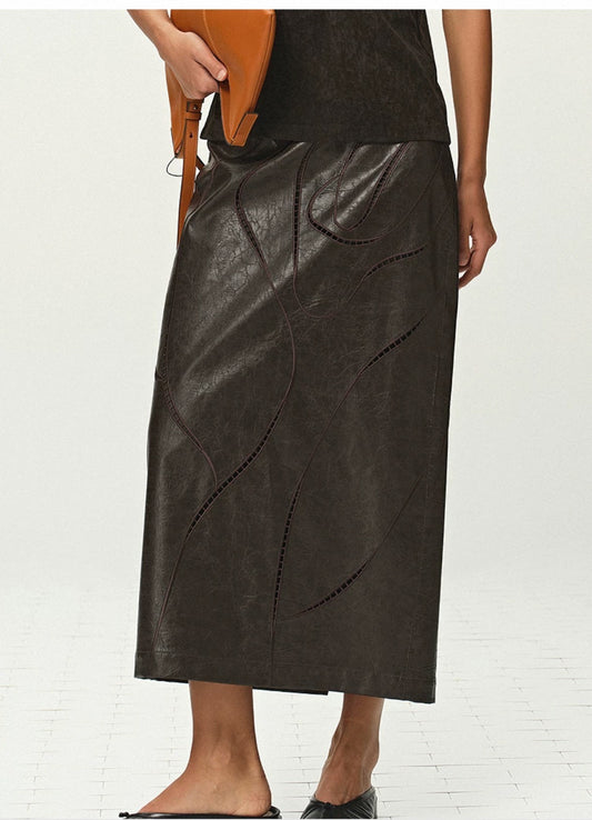 Women’s Leather Maxi Skirt with Embroidered Hollow Detailing