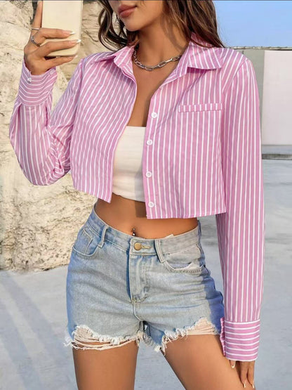 Solid Button Front Crop Shirt